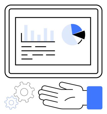 Tablet ekranı, şemalar, el hareketi, vitesler. Veri analizi, iş akışı, teknoloji, iş, üretkenlik kullanıcı arayüzü takım çalışması için idealdir. Satır metaforu