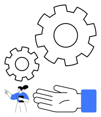 Vitesler, el ve işaret eden insan. Takım çalışması, işbirliği, sinerji, iş akışı iletişimi verimlilik mekaniği metaforu için ideal