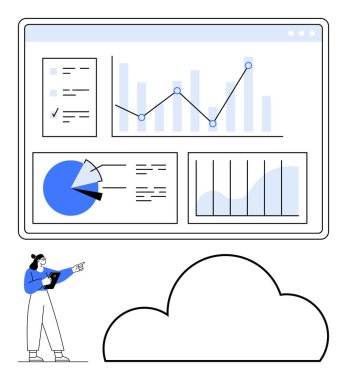 Ekranda çizelgeleri ve grafikleri inceleyen bir kadın. Sunumlar, veri analizleri, bulut hesaplama, iş zekası, istatistik, teknik destek ve eğitim için ideal. Çizgi