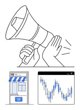 Ellerinde megafon, el arabası simgesi olan bir online mağaza önü ve şamdanlı bir finansal veri analiz çizelgesi var. Dijital pazarlama, ecommerce, reklamcılık, iş büyümesi için ideal