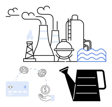 Tütsülenmiş bacaları, işleme ünitesi ve suyu olan endüstriyel bir tesis. El, para ve kartla yapılan işlem illüstrasyonu. Siyah sulama kutusu. Finans ve büyüme yatırım sektörü ekonomisi için ideal