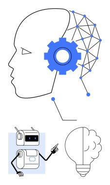 Dişli çokgen bağlantıları olan insan kafası robot işaret ediyor, ve beyin şeklindeki ampul. Yapay zeka, yenilik, teknoloji, yaratıcılık, robot bilimi, otomasyon, makine öğrenimi için idealdir. Satır metaforu