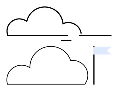 Küçük mavi bir bayrağı olan basit bulut çizgileri. Hava durumu uygulamaları, açık hava aktiviteleri, özgürlük kavramları, minimalist tasarım, doğrusal sanat temaları, eğitim araçları ve çevresel farkındalık için idealdir. Çizgi