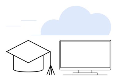 Uzaktan öğrenmeyi, dijital eğitimi ve teknolojik başarıları temsil eden biçimlendirilmiş bulut altında bilgisayar monitörünün yanında mezuniyet başlığı. Eğitim platformları ve çevrimiçi kurslar için ideal