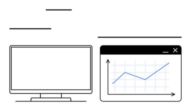 Bir pencerenin yanındaki bilgisayar monitörü yukarı doğru bir veri eğilimi gösteriyor. İş analizleri, pazar eğilimleri, teknoloji dersleri, mali raporlar, eğitim materyalleri, veri takibi için ideal