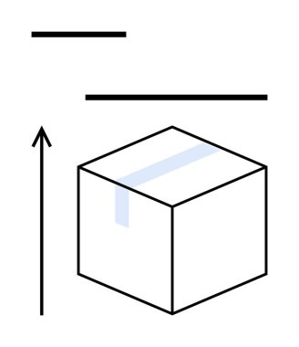Yukarı doğru ok ve yatay çizgilerle bantlanmış küp. Hareket, yön, düzen, minimalizm, yapı, geometri, kavramsal sanat temaları için idealdir. Satır metaforu