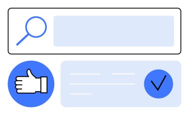 Magnifying glass in search bar, thumbs up icon, and check mark on rectangle. Ideal for web design, UIUX, search optimization, approval systems, social media engagement, feedback loops and digital