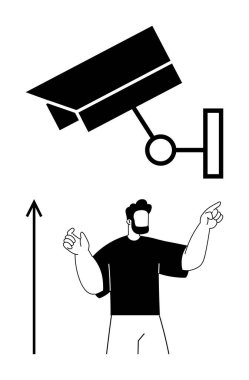 Kameramanların yukarı bakan okları göstermesi güvenlik tedbirini sembolize ediyor. Güvenlik, gizlilik, teknoloji, tetikte olmak, gözetlemek, gözetlemek ve toplum teması için ideal. Satır metaforu