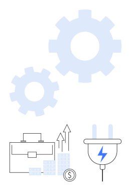 Üretkenliği temsil eden vitesler, mali grafik ve madeni parayla dolu evrak çantası, mavi güç sembollü elektrik prizi. İş stratejisi, mali büyüme, verimlilik artışı ve enerji için ideal