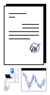 Digital document with signature, seated individual typing on laptop, and stock market graph. Ideal for business agreements, automation, digital signature, finance, remote work, data analysis clipart