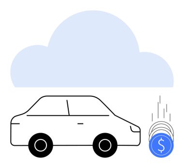 Araba bozuk paralarla bulutlara doğru gidiyor. Otomotiv endüstrisi, bulut hesaplama, finansal büyüme, maliyet azaltma, teknoloji, yenilik ve yatırım temaları için idealdir. Satır metaforu