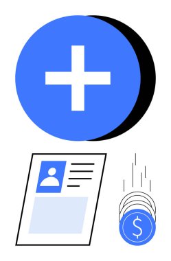 Artı tabela, profil belgesi ve düşen paralar katma değer ve finansal kazancı temsil ediyor. İş, finans, iş başvuruları, işe alım, ekonomik büyüme, kişisel yatırımlar için ideal