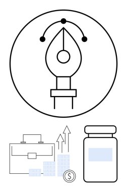 Yaratıcılığı temsil eden bir çemberdeki kalem aracı simgesi, evrak çantasına bitişik, yükselen bar çizelgesi, bozuk para ve ilaç şişesi. İş, finans, sağlık, yenilik tasarım yatırımları için ideal
