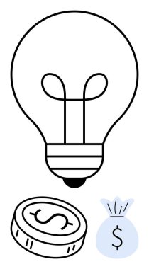 Bozuk para ve para çantasındaki yenilikleri simgeleyen ampul dolar işaretleriyle finansal başarıyı, iş stratejilerini, yatırımları, girişimciliği ve zenginliği temsil ediyor. İdeal