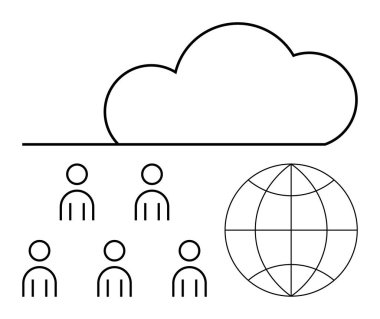 Beş kullanıcı simgesinin üzerinde bulut ve kılavuz çizgileri olan bir küre. Bulut hesaplama, küresel ağ, topluluk, bağlantı, çevrimiçi hizmetler, veri depolama, dijital iletişim için ideal. Satır metaforu