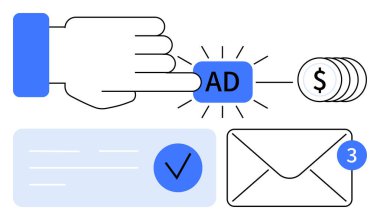 İlan düğmesine basar, madeni paralar ödemeler için istiflenir, bildirim ile posta simgesi oluşturulur ve onaylanmış belge işaretlenir. Dijital pazarlama, reklam, e-posta kampanyaları, finans, çevrimiçi için ideal
