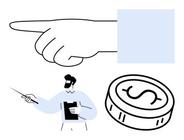 Hand pointing towards a goal, a businessman with a clipboard, and a coin representing financial growth. Ideal for business strategy, leadership, direction, goal setting, finance, investment clipart