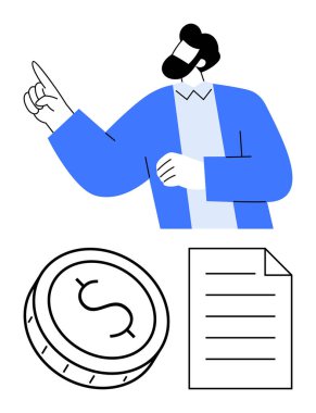 İşadamı, yanında bir para ve belge ile kendinden emin bir hareketle yukarıya doğru işaret ediyor. Finansal danışmanlık, tasarruf, ekonomi, iş büyümesi, yatırım stratejileri, mali