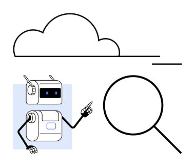 Bir büyüteç ve bulutun yanında işaret eden bir robot. Veri analizi, bulut hesaplama, teknoloji, yenilik, arama, yapay zeka ve bilgi için ideal. Satır metaforu