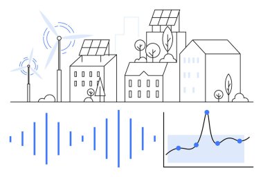 Rüzgar türbinleri ve binalardaki güneş panelleri ses dalgaları, veri grafiği. Sürdürülebilirlik, yenilenebilir enerji, kentsel kalkınma, çevre dostu teknoloji, yenilik, yeşil şehirler için idealdir. Satır metaforu