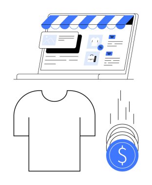 Online mağaza arayüzü, tişört ikonu ve ödemeyi temsil eden madeni paralarla dolu bir dizüstü bilgisayar. E-ticaret, çevrimiçi alışveriş, perakende, moda, teknoloji ödemeleri ve satış kavramları için ideal. Satır metaforu