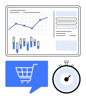 Çizgi grafik çizelgeleri ve veri panelleri olan gösterge paneli. Konuşma balonunda mavi alışveriş arabası ikonu. Kronometre zamanlayıcısı. Analiz, e-ticaret, zaman yönetimi, iş planlaması ve performans için ideal