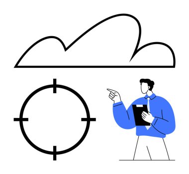 Business professional pointing at cloud above target symbol, representing goal-setting and cloud computing. Ideal for business strategy, goal-setting, cloud services, project management, teamwork clipart