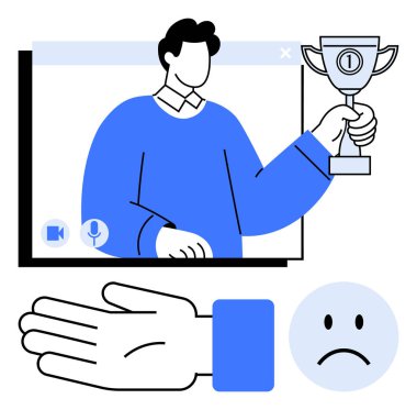 Elinde kupa tutan adam, sanal toplantı ekranı, üzgün yüz ikonu ve açık el hareketi. Başarı, tanınma, çevrimiçi toplantılar, duygusal iletişim hayal kırıklığı konuları için ideal. Çizgi