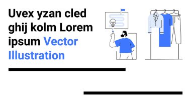 Ampul resimlerini sunan bir kişi ile yer tutucu metni bir askıda giysi ile birlikte. Moda sunumları, yaratıcı süreçler, fikirler, giyim tasarımı, eğitim malzemeleri için ideal