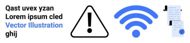 Dikkat işareti, mavi kablosuz sembol, işaretli belge simgesi ve modern vektör tarzında yer tutucu metin. Eğitim, teknoloji, güvenlik, web tasarımı, belgeler, bağlantı için ideal