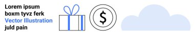 Kurdeleli bir hediye kutusu, dolar işaretli bir dolar bozuk para ve bulut ikonu. Temalar için ideal hediye verme, finans, tasarruf, bulut hizmetleri, çevrimiçi depolama, dijital teknolojiler ve e-ticaret