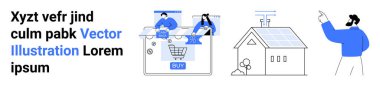 İnsanlar bilgisayar ekranında e-ticarete, güneş panelleri olan bir eve ve yukarıya bakan birine bakıyorlar. Teknoloji, sürdürülebilirlik, e-ticaret, yenilenebilir enerji, çevrimiçi alışveriş, dijital