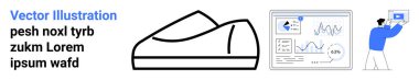 Sneaker taslağı, grafiklerle veri analizi, bilgisayarla etkileşim. Moda tasarımı, spor, veri analizi, teknoloji, web tasarımı, dijital pazarlama, sunumlar için ideal. İniş