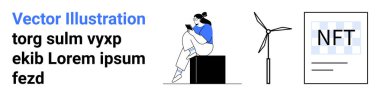 Mobil cihaz, rüzgar türbini ve NFT belgesi kullanan bir kadın. Teknoloji, dijital yenilik, yenilenebilir enerji, sürdürülebilirlik, engellenmiş mobil kullanım veri sunumu temaları için idealdir. İniş sayfası