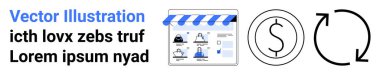 Çeşitli ürünler, dolar sembolü ve yenilenmiş ok içeren e-ticaret web sitesi arayüzü, dijital işlemlerin ve güncellemelerin sembolü. Çevrimiçi alışveriş, perakende satış, e-ticaret ve finans için ideal