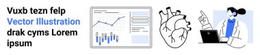 Metin bloğu, satır ve çubuk grafikli veri tablosu, anatomik kalp çizimi, dizüstü bilgisayarı olan doktor. Tıbbi araştırma, veri analizi, sağlık teknolojisi ve hasta denetimi için ideal