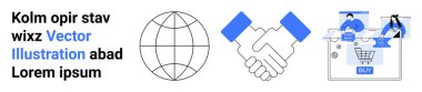 Ortaklığı simgeleyen tokalaşma, küresel ulaşımı simgeleyen dünya ve kullanıcılarla online alışveriş arabası. İş ortaklıkları, e-ticaret, uluslararası ticaret, çevrimiçi işbirliği, iletişim için ideal