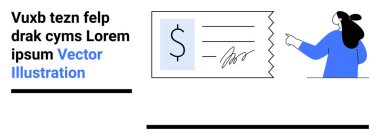 Mavili kadın bir iş çekini imzalı olarak sunuyor. Finans, sunumlar, bankacılık, iş danışmanlığı, çevrimiçi ödeme, belgeler, muhasebe için ideal. İniş sayfası için pankart