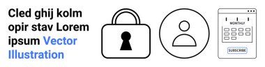 Kilit sembolü güvenliği temsil ediyor. Kullanıcı profili simgesi bireysel hesabı belirtir. Abonelik düğmesine sahip takvim bir abonelik planı içerir. Siber güvenlik, kişisel hesaplar, yazılım için ideal