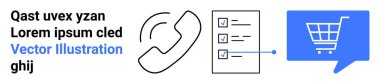 Telefon ahizesi, işaretli kontrol listesi ve sohbet balonunda mavi alışveriş arabası. E-ticaret, müşteri hizmetleri, çevrimiçi alışveriş, görev yönetimi, iş iletişimi, iş akışı süreçleri için ideal