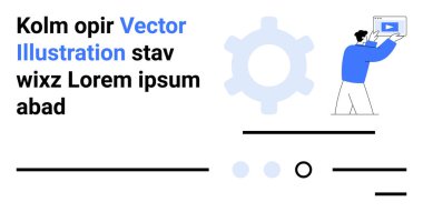 Diyagram, grafik, vites simgesi, elinde belge tutan insan figürü, yer tutucu metni. İş için ideal, sunumlar, bilgi grafikleri, pazarlama, eğitim içeriği, teknoloji, web tasarımı. İniş sayfası