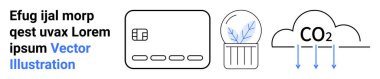 Kredi kartı ikonu, kubbenin içinde bir eko bitki ve oklu CO2 emisyon sembolü içeren grafikler. Finans, çevre koruma, sürdürülebilirlik, iklim değişikliği ve teknoloji için ideal