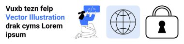 Dizüstü bilgisayarda kodlama yapan kadın, internet ve siber güvenliği gösteren ikonlar. Web geliştirme, çevrimiçi güvenlik, yazılım geliştirme, küresel bağlantı, kodlama dersleri, teknoloji için ideal