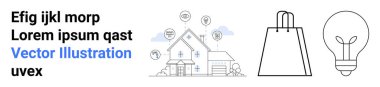 Smart house with connected devices, shopping bag, and light bulb. Ideal for home automation, IoT, smart shopping, renewable energy, technology integration, efficient living e-commerce promotion clipart