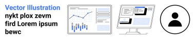 Grafik ve grafikleri gösteren bilgisayar monitörü, birden fazla penceresi olan başka bir monitör, kullanıcı profili simgesi. Veri analizi, proje yönetimi, iş zekası, web analizleri ve kullanıcı için ideal