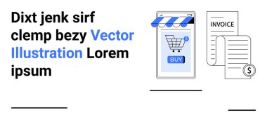 Akıllı telefon ekranında alışveriş arabası ve satın alma düğmesi var. Fatura ve dolar işaretiyle birlikte. E-ticaret, çevrimiçi alışveriş, ödeme çözümleri, mobil uygulamalar, finans, dijital pazarlama için ideal