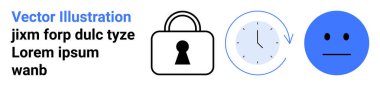 Asma kilidin vektör görüntüsü, zamanı gösteren oklu saat ve nötr ifadeli mavi yüz simgesi. Güvenlik, zaman yönetimi, dakiklik, duygu temsili, kullanıcı arayüzü için ideal