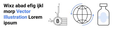 Soyut çizgiler, devrelerde Bitcoin sembolü dönen dünya, tıbbi şişe. Engelleme zinciri, küresel bağlantı, teknoloji, tıp, sağlık teknolojisi, dijital finans ve yenilik için ideal. İniş sayfası