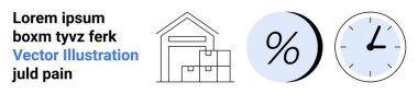 Kutuları, yüzde sembolü ve saati olan bir depo. Lojistik, zaman yönetimi, depolama çözümleri, indirimler, e-ticaret, müşteri hizmetleri, iş verimliliği için ideal. İniş sayfası