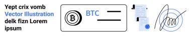 BTC ile Bitcoin işlem simgesi, dijital imza, belge yığını, kalem, klips. Kripto para birimi, fintech, engelleme zinciri, e-ticaret, ödeme sistemleri, dijital sözleşmeler, finans siteleri için ideal